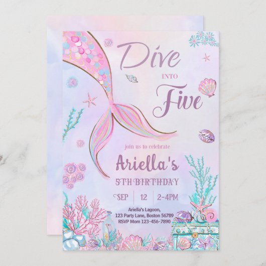 Duik in Vijf Verjaardag Uitnodiging Zeemeermin 5e (Voorkant / Achterkant)