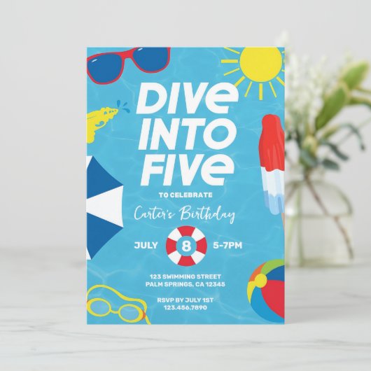 Duik in vijf verjaardagsuitnodiging, 5e verjaardag kaart (Staand voorkant)