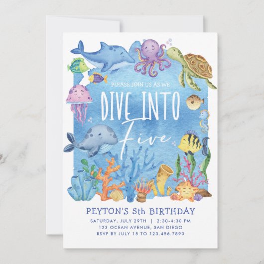 Duik in vijf verjaardagsuitnodiging onder het Zee Kaart (Voorkant)