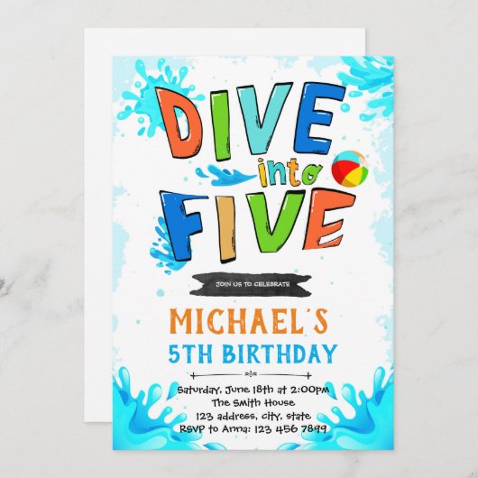 Duik in vijf verjaardagsuitnodigingen kaart (Voorkant / Achterkant)