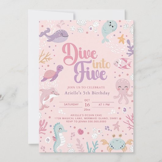 Duik in vijf verjaardagsuitnodigingen. zeedieren kaart (Voorkant)