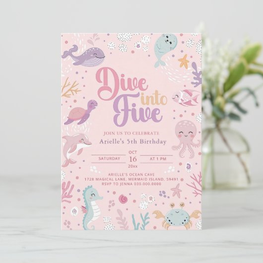 Duik in vijf verjaardagsuitnodigingen. zeedieren kaart (Staand voorkant)