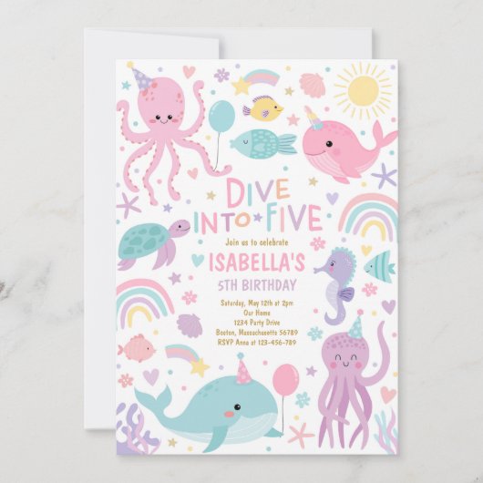 Duik in Vijf Zee Creatures 5th Birthday Party Kaart (Voorkant)