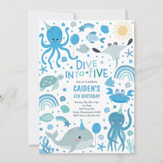 Duik in Vijf Zee Creatures 5th Birthday Party Kaart (Voorkant)