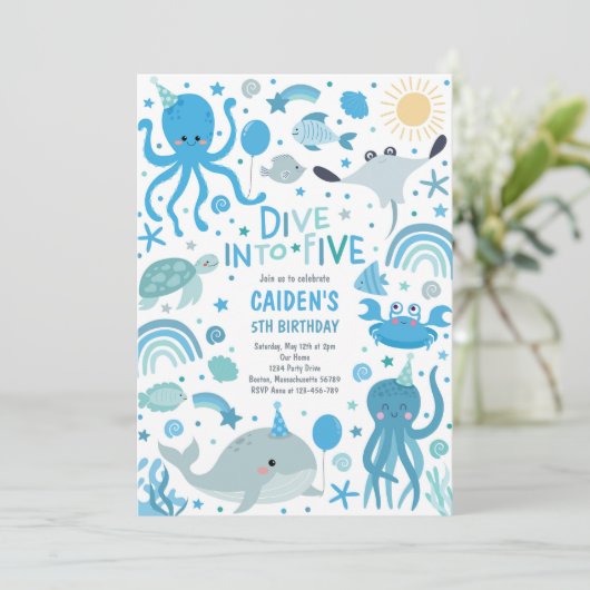 Duik in Vijf Zee Creatures 5th Birthday Party Kaart (Staand voorkant)