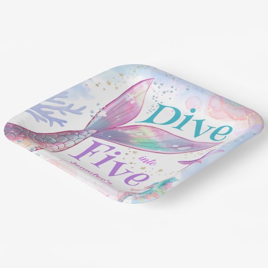 Duik in Vijf Zeemeermin 5e Verjaardag Papieren Bordje (Gebogen)