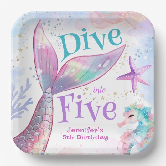 Duik in Vijf Zeemeermin 5e Verjaardag Papieren Bordje (Voorkant)