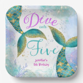 Duik in Vijf Zeemeermin 5e Verjaardag Papieren Bordje (Voorkant)
