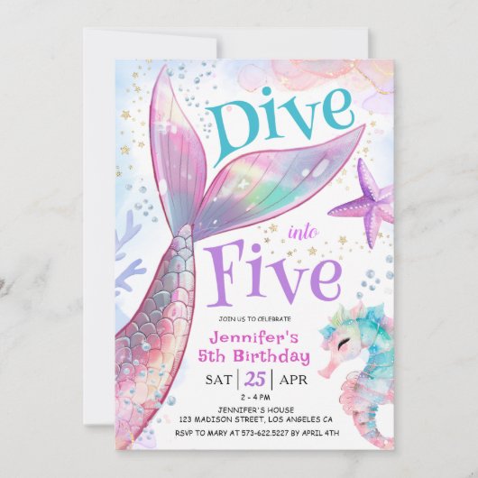 Duik in vijf zeemeermin 5e verjaardag uitnodiging (Voorkant)