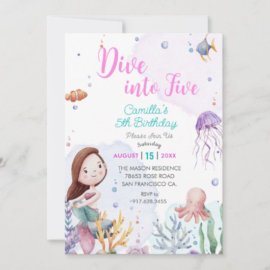 Duik in Vijf Zeemeermin Meisje 5e Verjaardagsfeest Kaart (Voorkant)