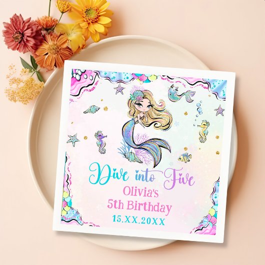 Duik in Vijf Zeemeermin Meisje 5e Verjaardagsfeest Servet