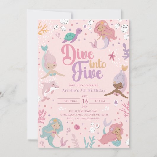 Duik in vijf zeemeermin uitnodiging - Roze meisje  (Voorkant)