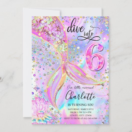 Duik in Zes 6e verjaardag Zeemeermin Uitnodiging E (Voorkant)