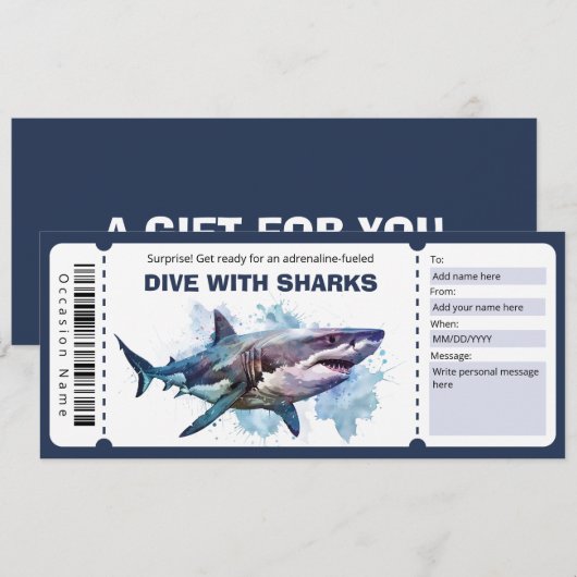 Duik met Sharks Ticket Cadeaubon Kaart (Voorkant / Achterkant)