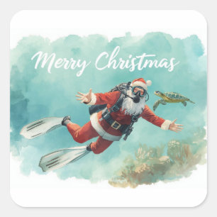 Duikende Kerstman Onderwater Prettig Kerstfeest Vierkante Sticker
