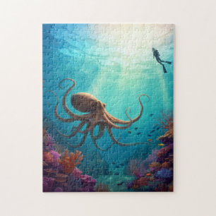 duiker ontdekt reuzenoctopus in rif legpuzzel