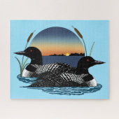 Duikerpaar Zonsondergang Blauwe Meer Natuur Legpuzzel (Horizontaal)