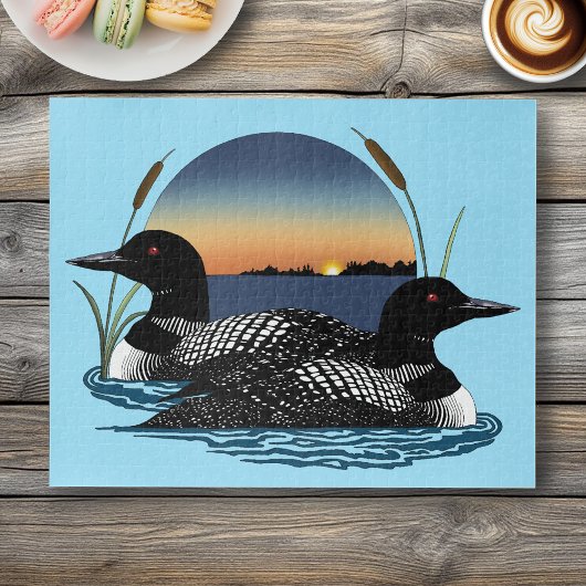 Duikerpaar Zonsondergang Blauwe Meer Natuur Legpuzzel
