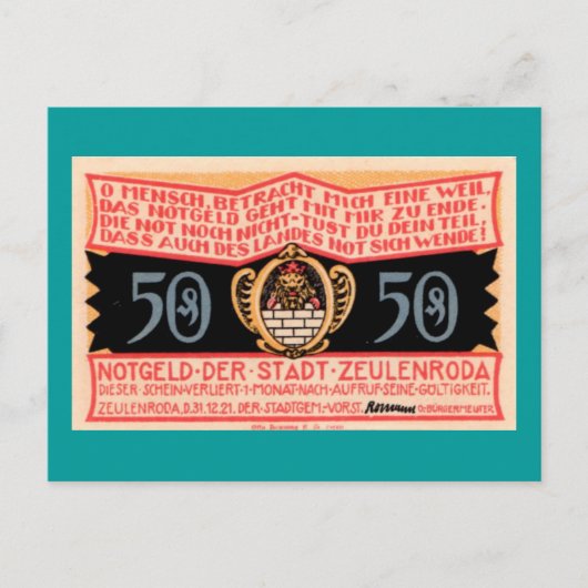 Duits 1921 "Zeulenroda" 50 Pfennig Briefkaart (Voorkant)