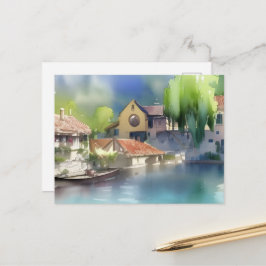 Duits dorpswaterverfschilderij aan de rivier briefkaart