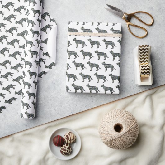 Duits Herder Hond Silhouet Y & B Grid Wit Gift Cadeaupapier (Crafts)