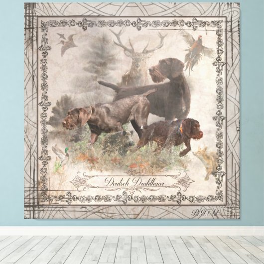 Duits Wirehaire Pointer Tapestry Faux Canvas Pr Afdruk (Insitu (Houten vloer))