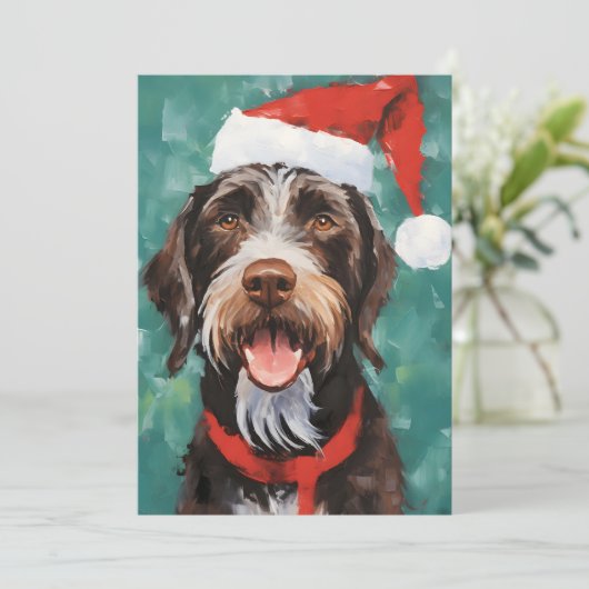 Duits-Wirehaired-Pointer Kerstborstel schilderen Feestdagenkaart (Staand voorkant)