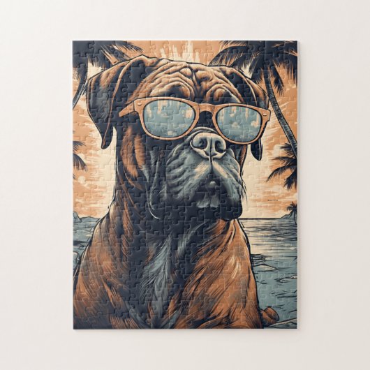 Duitse Boxer met zonnebril op een tropisch strand Legpuzzel (Verticaal)
