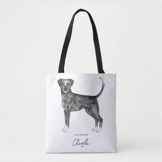 Duitse Boxerhond in zwart en wit & aangepaste teks Tote Bag (Voorkant)