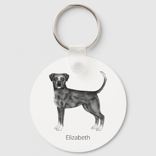 Duitse Boxerhond in zwart-wit & aangepaste tekst Sleutelhanger (Voorkant)