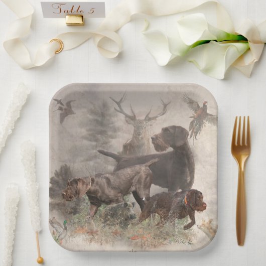 Duitse buitenloods Wirehaire Pointer Tapestry Papieren Bordje (Huwelijk)