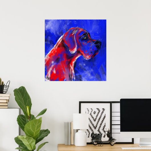 Duitse Dog Schilderij rood blauw Poster (Thuiskantoor)
