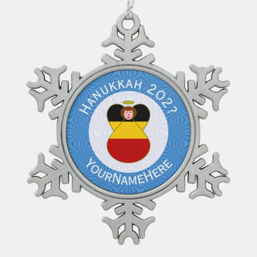 Duitse engel Chanoeka vlag gepersonaliseerd Tin Sneeuwvlok Ornament (Voorkant)