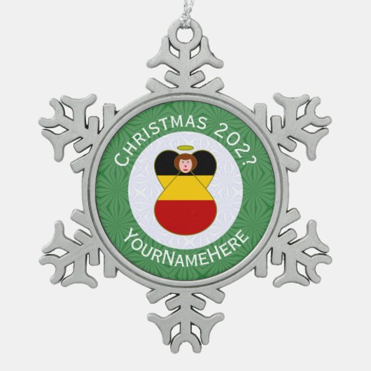 Duitse engel kerstvlag gepersonaliseerd tin sneeuwvlok ornament (Voorkant)