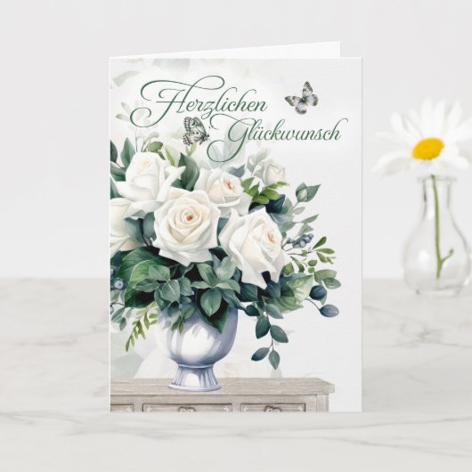Duitse Felicitaties Witte Rozen en Vlinders Kaart (Kleine Plant)