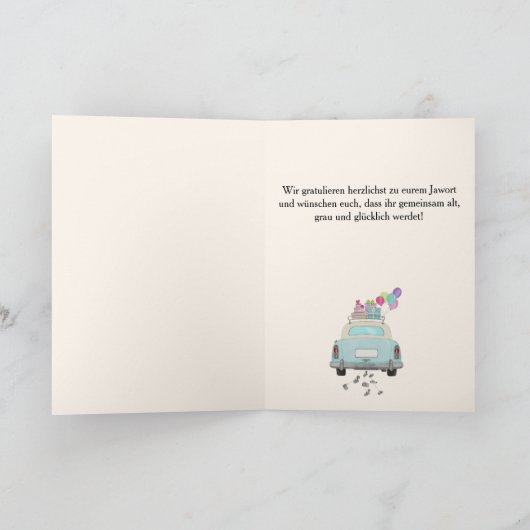 Duitse Glückwunsch Trouwdag Blauwe Retro Auto Kaart (Binnen)