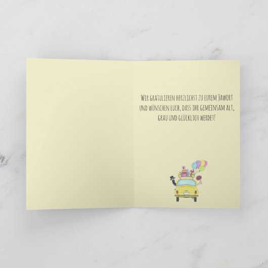 Duitse Glückwunsch trouwdag gele retro auto Kaart (Binnen)