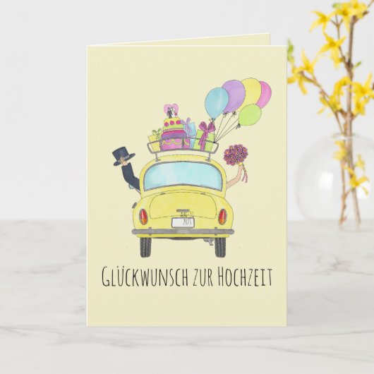 Duitse Glückwunsch trouwdag gele retro auto Kaart (Gele Bloem)