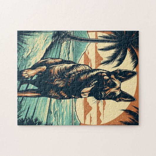 Duitse Herder bij een tropisch strand tijdens zons Legpuzzel (Horizontaal)