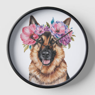 Duitse Herder Bloem Kroon Waterverf Print