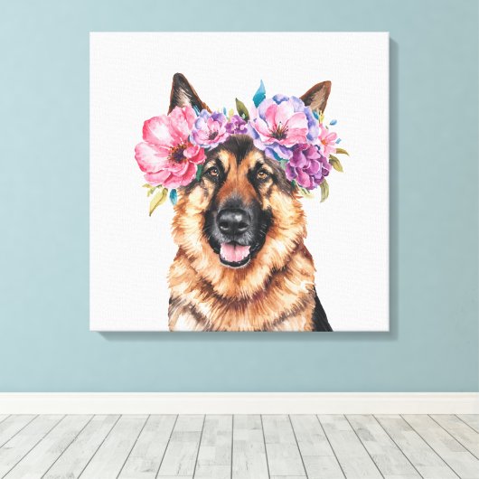 Duitse Herder Bloem Kroon Waterverf Print (Insitu (Houten vloer))