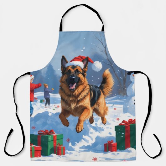 Duitse herder die in de sneeuw rent met kerstmuts schort (Voorkant)
