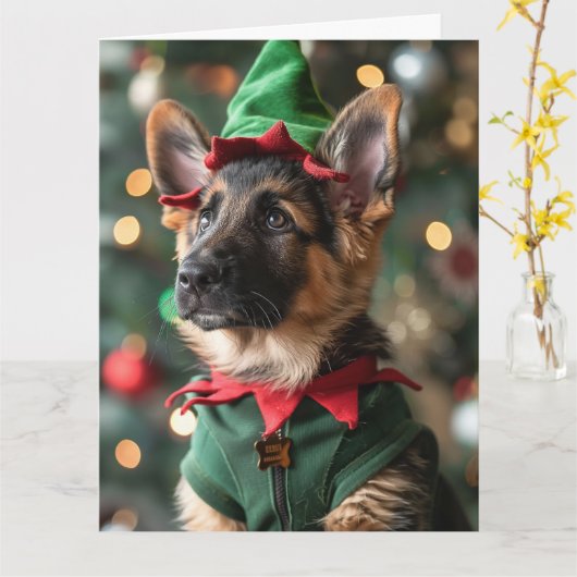 Duitse Herder Elf Puppy Kerst Kaart (Gele Bloem)