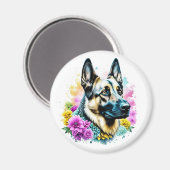 Duitse herder en bloemen ai kunst   magneet (Voorkant / Achterkant)