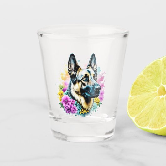 Duitse herder en bloemen ai kunst shot glas (Voorkant)