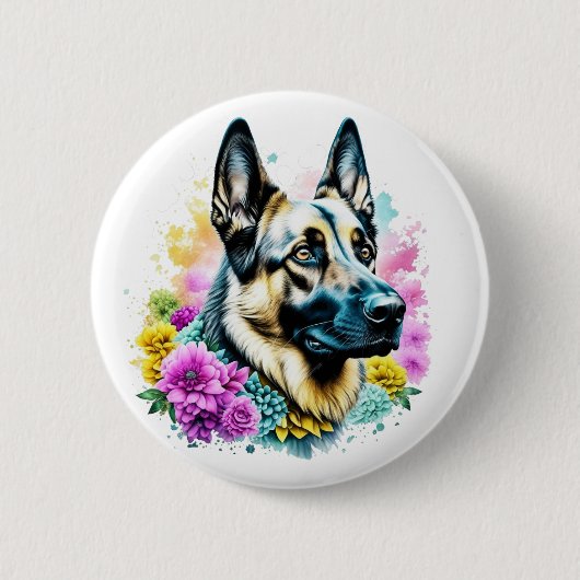 Duitse Herder en Bloemen kunst Ronde Button 5,7 Cm (Voorkant)