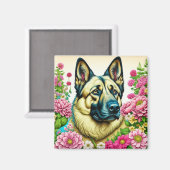 Duitse herder en grillige bloemen magneet (Voorkant / Achterkant)