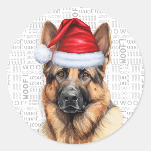 Duitse Herder en Woof Woord Kunst Kerstmis Ronde Sticker (Voorkant)