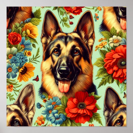  Duitse herder Floral Poster (Voorkant)