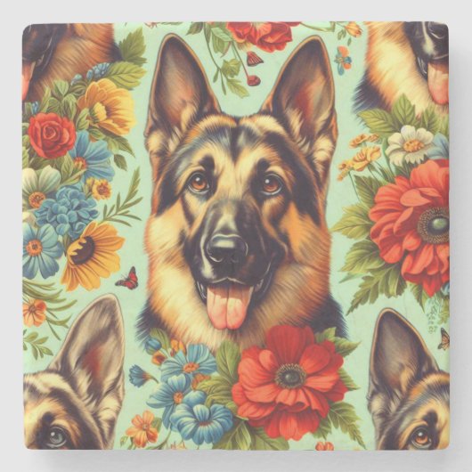  Duitse herder Floral Stenen Onderzetter (Voorkant)